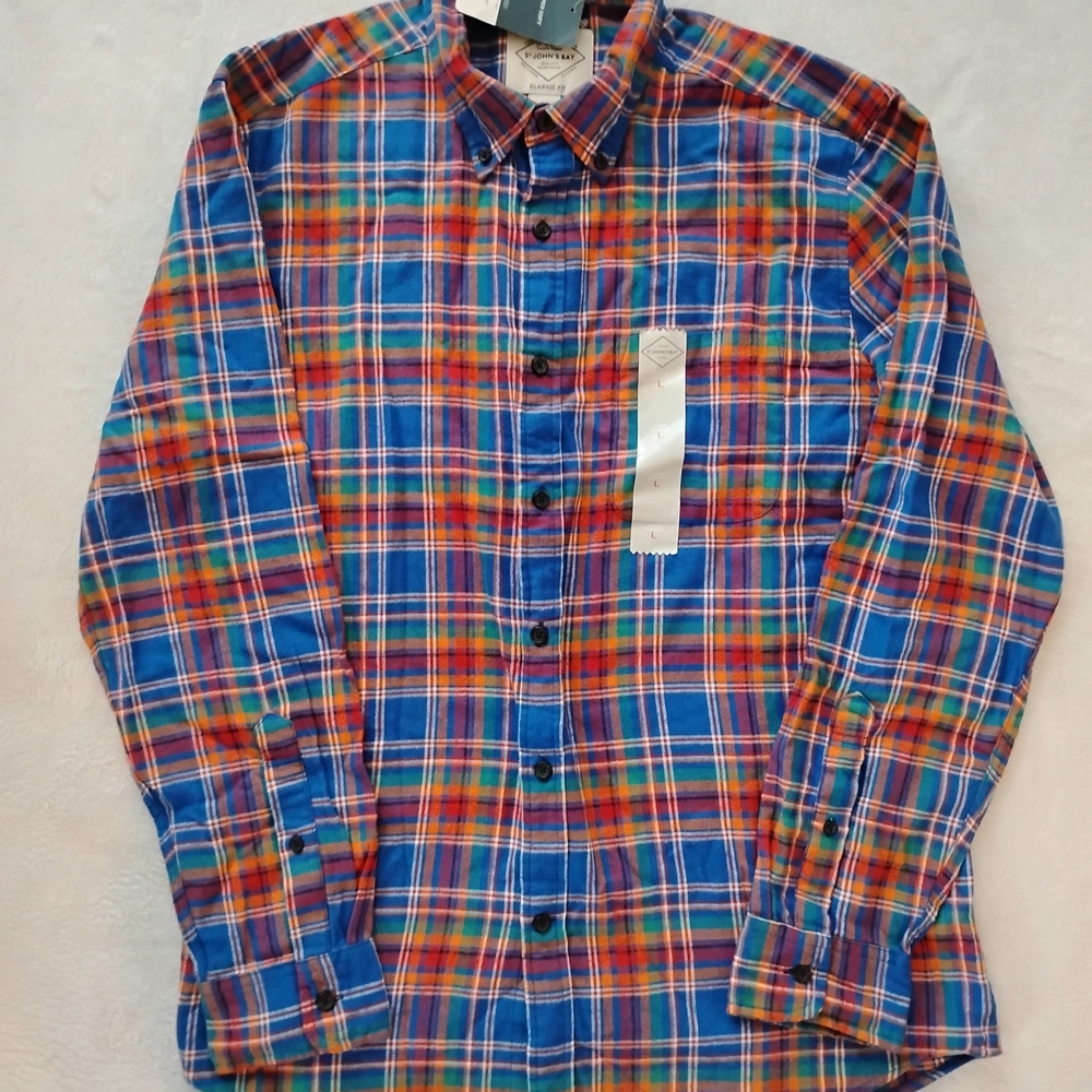 NWT St. John's Bay Vibrant Plaid Button Down Shirt Mens Size Large